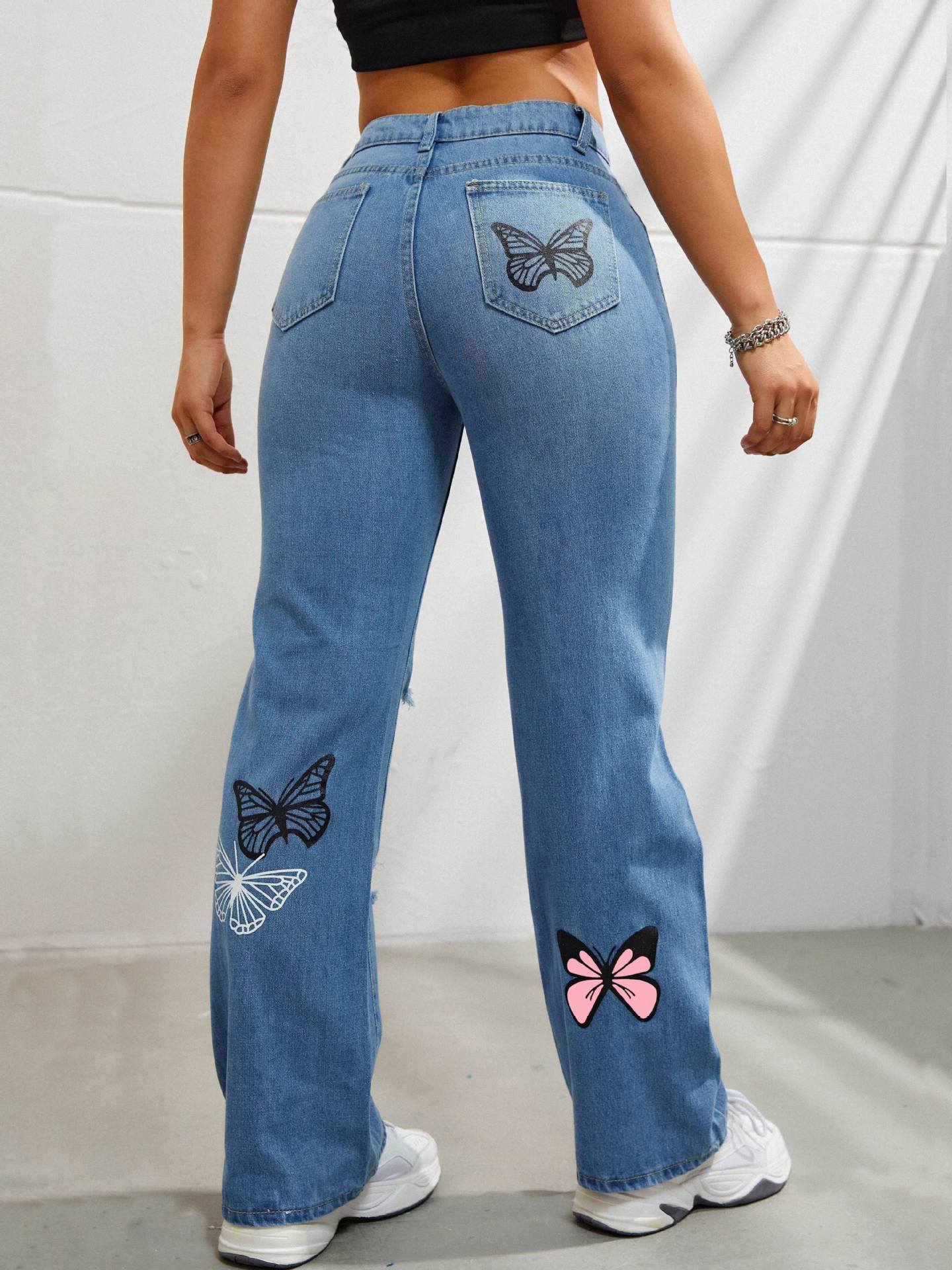 High Waisted Straight Leg Jeans For Women Butterfly Print Ripped Denim