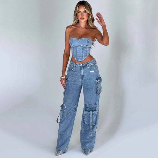 Women's  Low Waist Three-dimensional Tube Top And Pocket Stitching Jeans Pants suit