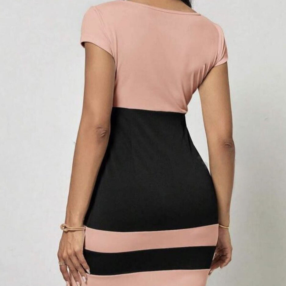 High Waist Slim Fit Contrast-color Sheath Dress