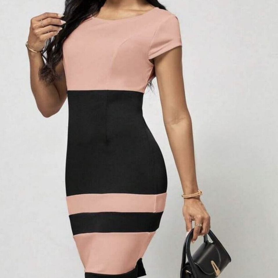 High Waist Slim Fit Contrast-color Sheath Dress