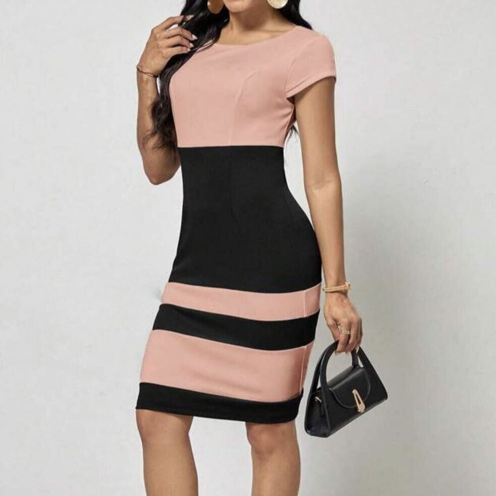 High Waist Slim Fit Contrast-color Sheath Dress