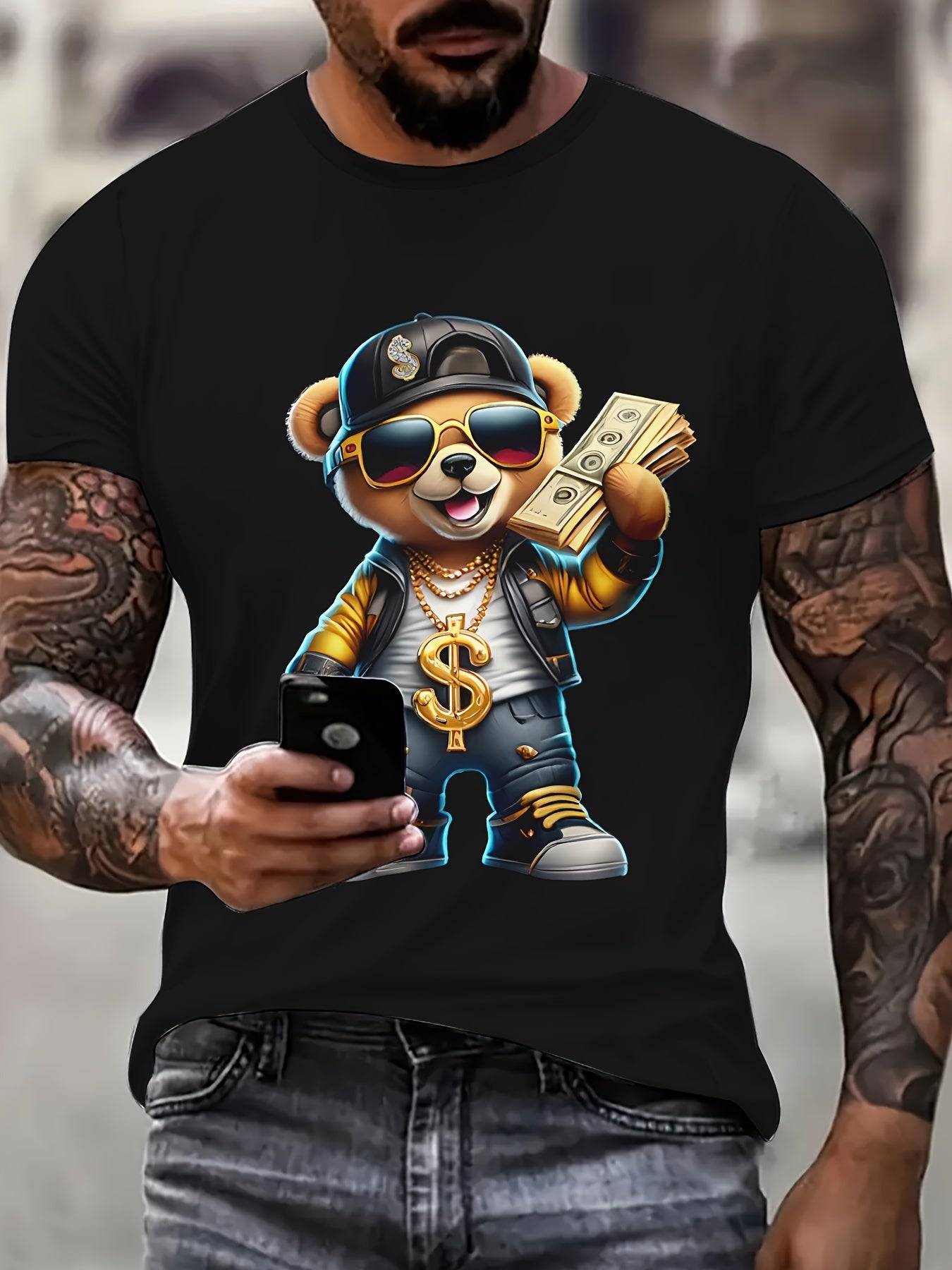 Men's Hip Hop Bear Pattern T-shirt - 3D Printed