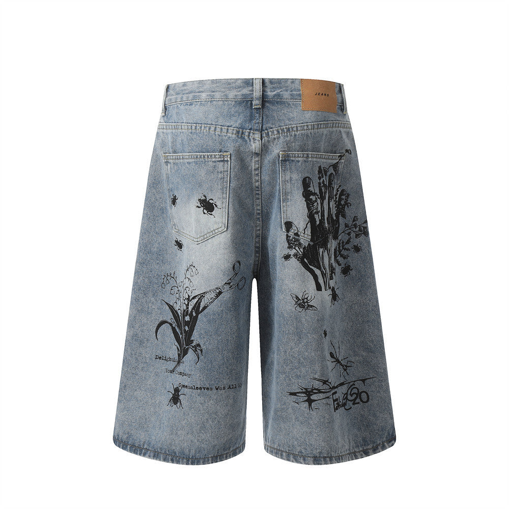 Graffiti Print Jeans Short Pants Men