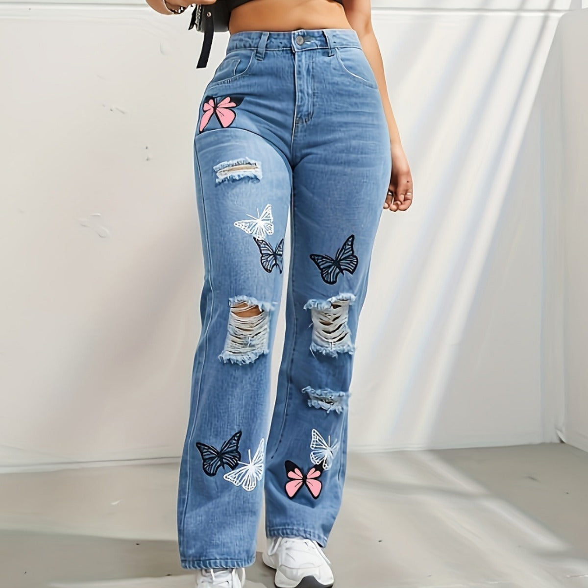 High Waisted Straight Leg Jeans For Women Butterfly Print Ripped Denim