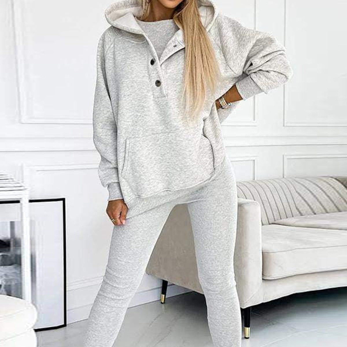 Women's 3pcs Sweatsuit, Hoodie with Pockets Sweatshirt And Tank style Tee with Slim fit Pants