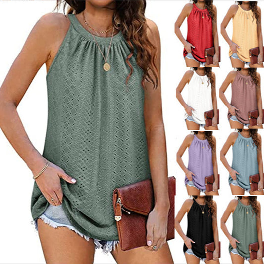 Women's Vest Shirt Loose High Collar Sleeveless Hollow Top