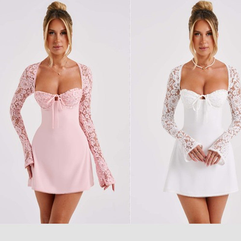 Corset Lace Long Sleeve Dress Backless Lace Up Short Dresses