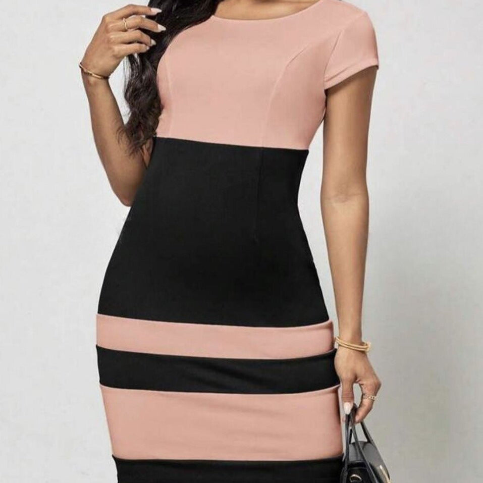 High Waist Slim Fit Contrast-color Sheath Dress