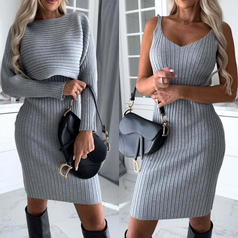 (2pcs)Women's Solid Stripe Long-sleeved crop Top And Tight Suspender Slim fit Skirt