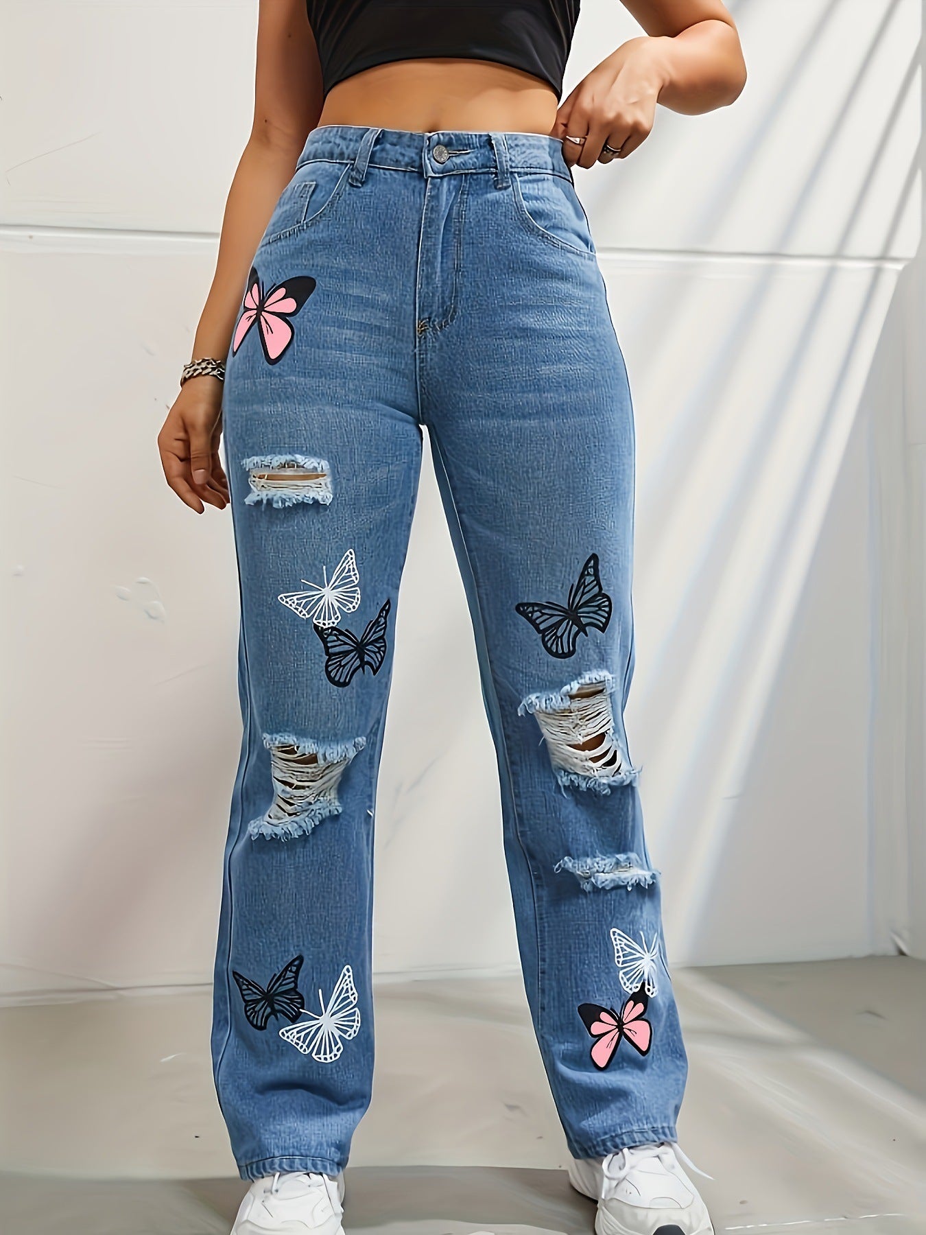 High Waisted Straight Leg Jeans For Women Butterfly Print Ripped Denim