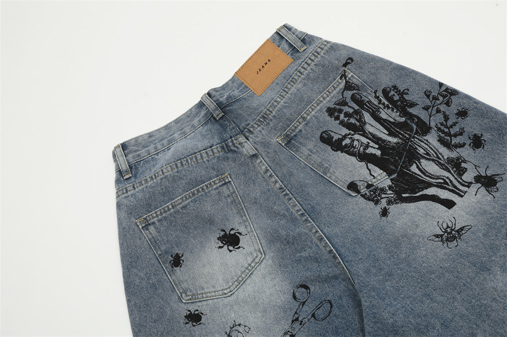 Graffiti Print Jeans Short Pants Men