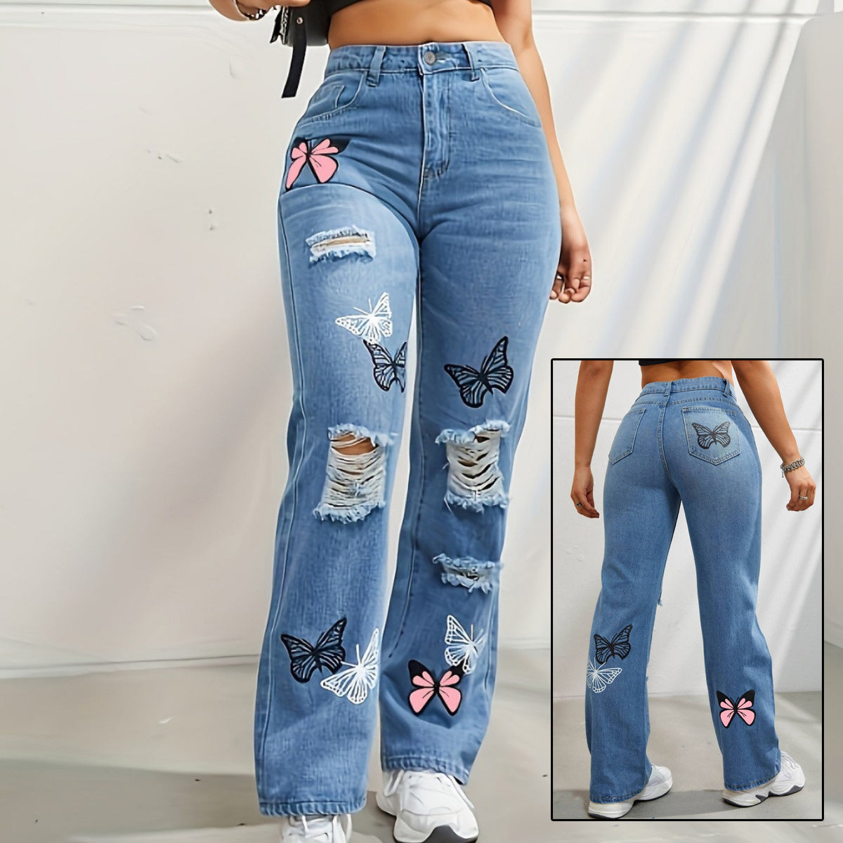 High Waisted Straight Leg Jeans For Women Butterfly Print Ripped Denim